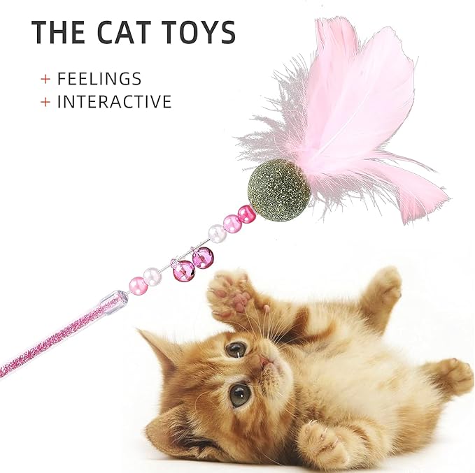 Telescopic Feather cat Toys Combination Interactive Cat Teaser Wand Cat Feather Toys with Loud Bell Long for Cat and Kitten (A-4Pcs)
