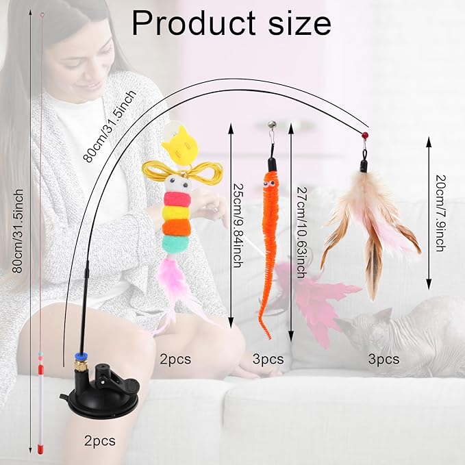 8pcs Cat Feathe Toys, Interactive Cat Toy for Indoor Cats, Suction Cup Cat Toys for Indoor Cats, Replacements Feathers Worm, Hanging Cat String Toy for Bored Indoor Kitten