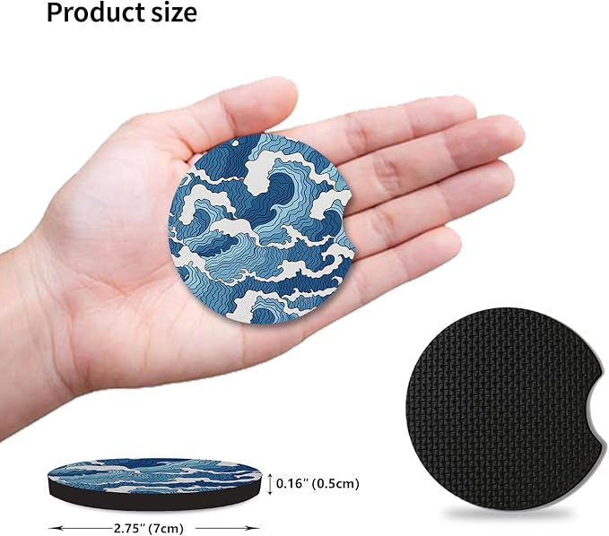 2pcs Car Cup Holder Coasters Sea Wave Pattern Car Coasters，Universal Auto Anti Slip Coasters,Rubber Car Coasters with A Finger Groove, Cute Car Accessories for Women&Men
