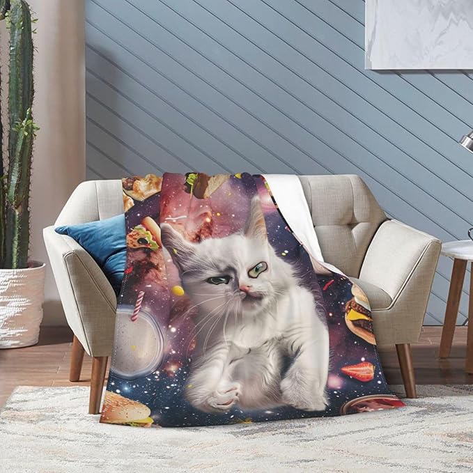 Funny Cats Blanket for Women Hamburgers Pizza Throw Blanket Cats Space Galaxy Stuff Decor Merch Cozy Flannel Lightweight Warm Soft Plush Fuzzy Bedding Cats Gifts for Men Girls Couch Bed 50"X40"