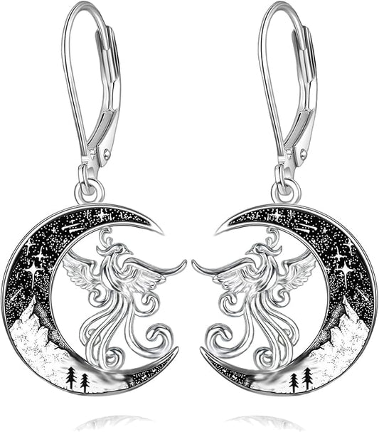 Black Cat/Bat/Spider/Pumpkin/Wolf/Bunny/Sun and Moon/Turtle/Raven 925 Sterling Silver Leverback Dangle Earrings Moon Gothic Christmas Earrings Jewelry Gift for Women