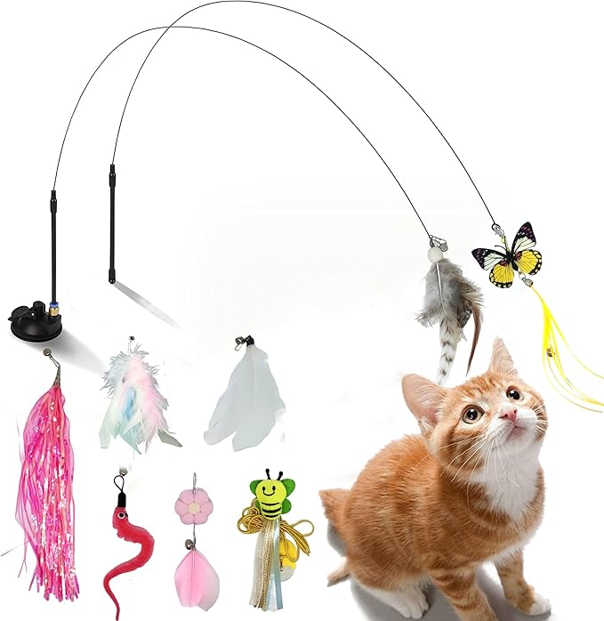 Mrocioa 11pcs Cat Toys Feather Teaser, Interactive Suction Cup Cat Toy Wand with Replaceable Kitten Toys for Indoor Cats to Play Chase Exercise