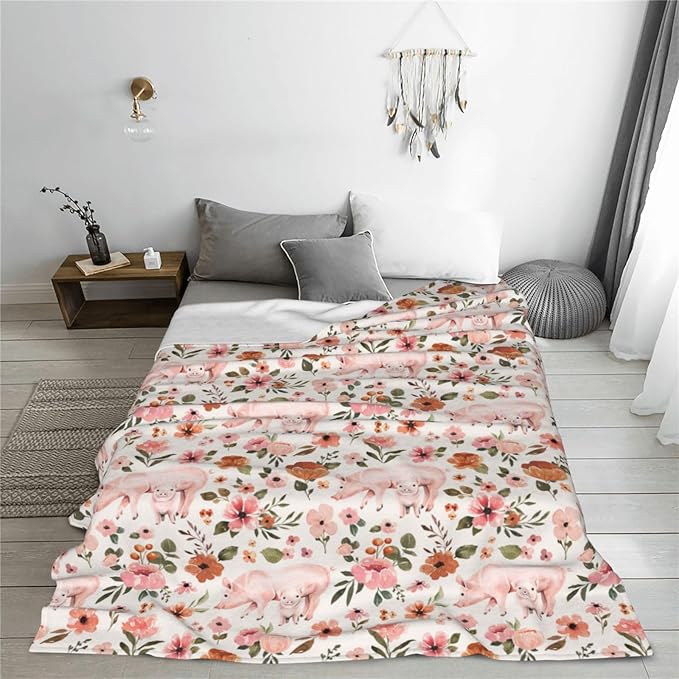 Farmhouse Pig Blanket - Cute Floral Throw, Super Warm Soft Plush Lightweight Fleece Flannel Decor for Couch Sofa Bedding - Gifts for Pig Lovers Women Men Girls Boys - 50"X60"