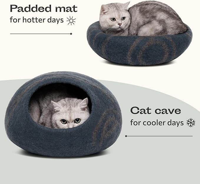 MEOWFIA Premium Felt Cat Bed Cave - Handmade 100% Merino Wool Bed for Cats and Kittens (Dark Shades) (Large, Slate Grey)