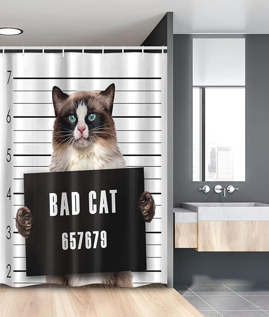 Ambesonne Cat Stall Shower Curtain, Bad Gang Cat in Jail Kitty Under Arrest Criminal Prisoner Hangover Work, Fabric Bathroom Decor Set with Hooks, 54" W x 78" L, Brown Black White
