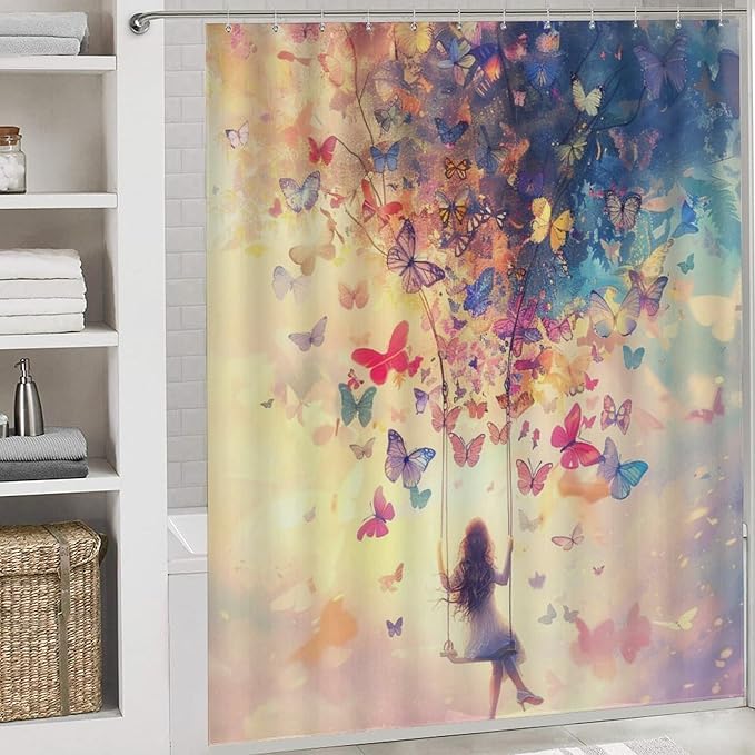 Brebasf Abstract Fantasy Animal Butterfly Shower Curtain Set Bathroom Set Decorative Watercolor Oil Painting Japanese Anime Girl Sunset Butterfly 4 Piecet