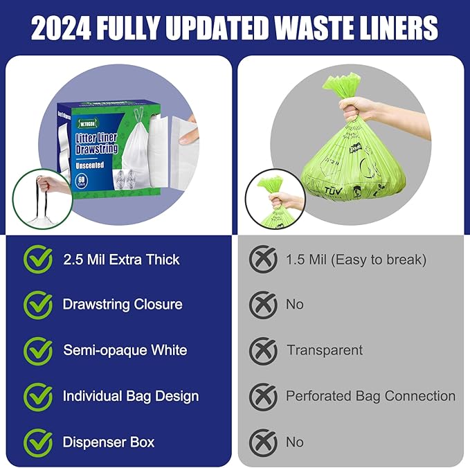 60 Pack Litter Box Robot 3 and 4 Waste Bags, 2.5 Mils Extra Thick Litter Box Liner, Box Drawstrings Closure Waste Bags for Self-Cleaning Litter Box, 10 Gallons
