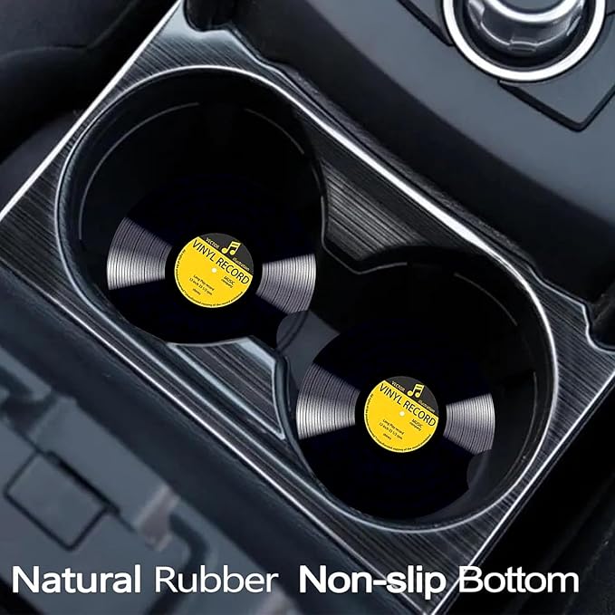 Car Coasters for Cup Holders,2 Pack Retro Vinyl Record Car Coasters,2.75" Universal Size Anti Slip Rubber Mat,Automotive Cup Holder Decal Decor Accessories,Gifts for Women,Men,Mom