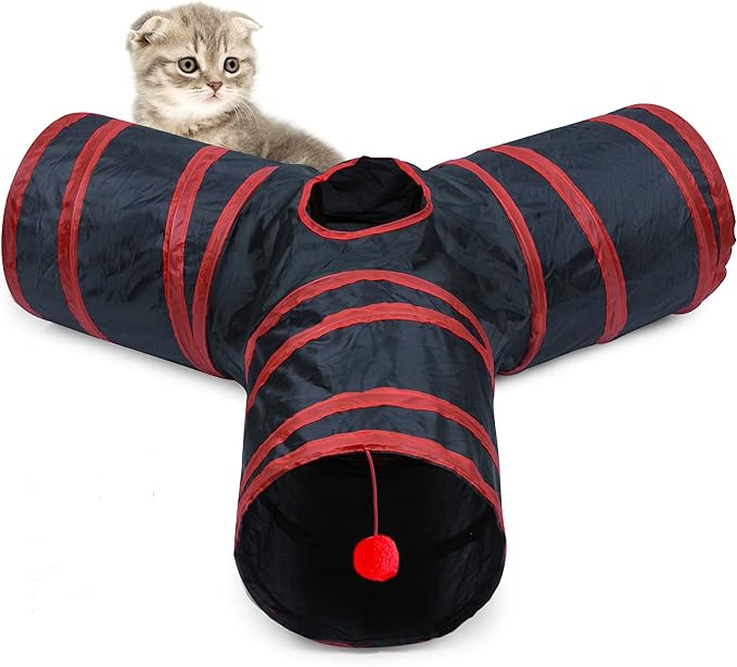 Cat Tunnel, Collapsible Tube with 1 Play Ball Kitty Toys, 3 Ways Cat Tunnels for Indoor Cats, Puppy, Kitty, Kitten, Rabbit (Black and Red)…