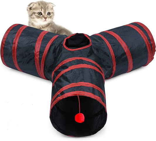 Cat Tunnel, Collapsible Tube with 1 Play Ball Kitty Toys, 3 Ways Cat Tunnels for Indoor Cats, Puppy, Kitty, Kitten, Rabbit (Black and Red)…