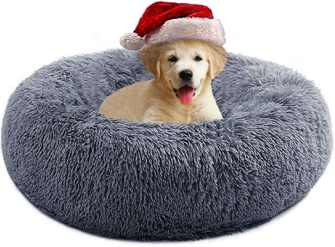 Small Cat Bed for Indoor Cats, Self-Warming Donut Kitty Bed for Small Cats Keeping Warm, Washable Pet Bed with Anti Slip Base, 23‘’ Darkgrey
