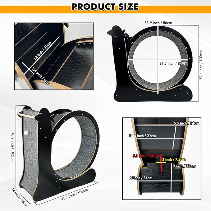 Upgraded 2 in 1 Cat Exercise Wheel，39.4" High Indoor Cat Running Wheel with Cat Scratcher, Cat Treadmill, TPE Silent Wheel, Wooden Cat Sport Exercise Wheel, Black