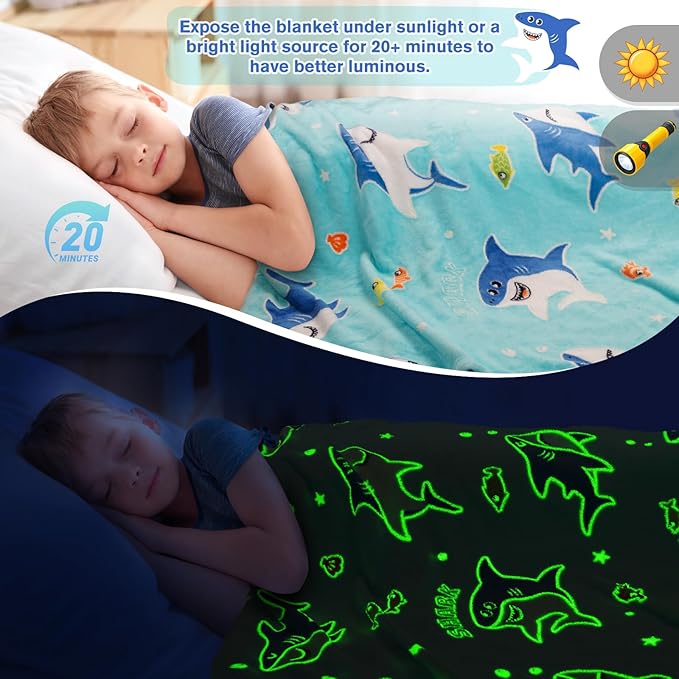Shark Toys Gifts for Boys Girls - Glow in The Dark Ocean Animal Blanket Best Christmas Birthday Valentines Easter Decor Presents for Kids Age 1-14 Years Old Teens Child Toddler Son Soft Throw 50"x60"