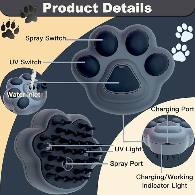 Steam Cat Brush, 4 in 1 Cordless Cat Steam Brush Built-in Lithium Battery, Silicone Massaging Grooming Brush, Remove Static Flying Hair，Pet Hair Cleaning Brush Comb for Cats Dogs(Gray)