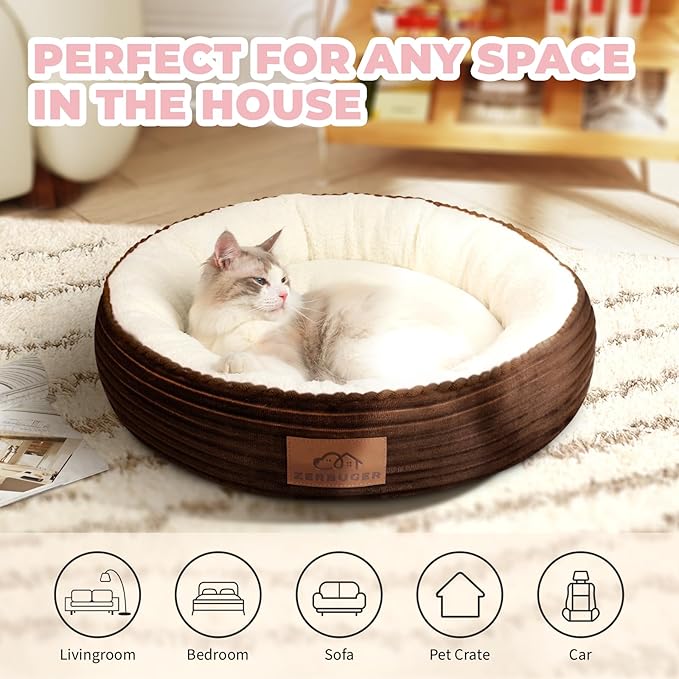 20in Washable Cat Beds for Indoor Cats - Round Donut Pet Bed for Cats, Small Dogs, Puppy, Kitten - Anti-Slip Bottom, Calming Bed Gift - Brown
