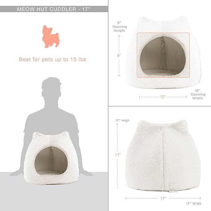 Best Friends by Sheri Meow Hut in Fur Cover Dome Cat and Dog Bed, Ivory, Small