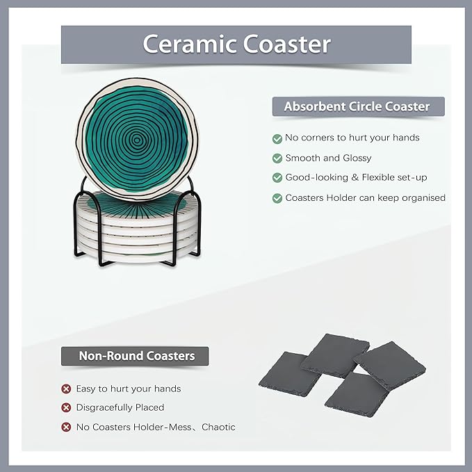 6 Pcs Coasters for Drinks with Holder,Abstract Art Minimalist Absorbent Coaster with Cork Backing,Great Gift for Housewarming,Room Decor,Bar,Holiday Party