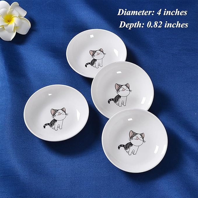 4 Pack Saucer Dishes with Cat Pattern, Ceramic Dipping Bowls Set, 4 Inch Side Dishes Sauce Dishes for Sushi Sauce Snack Soy, Porcelain Seasoning Dishes Side Bowls, Snack Serving Dishes