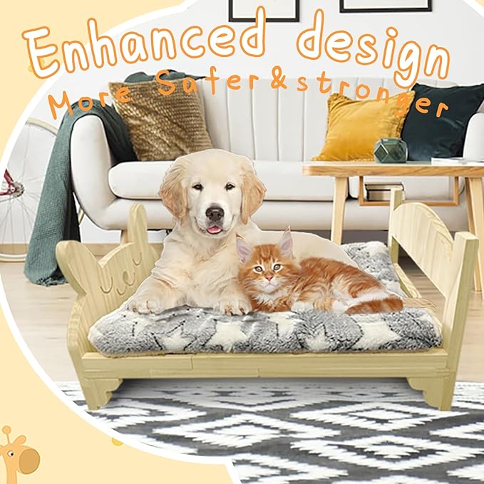 Larged Wooden Rabbit Bed, with Reinforced Bottom Support, Wooden Pet Bed with Removable Cushion, Designed for Small Pets, Suitable for Kittens,Bunny, Guinea Pigs, Puppies, Ferrets Sleeping Pet Bed