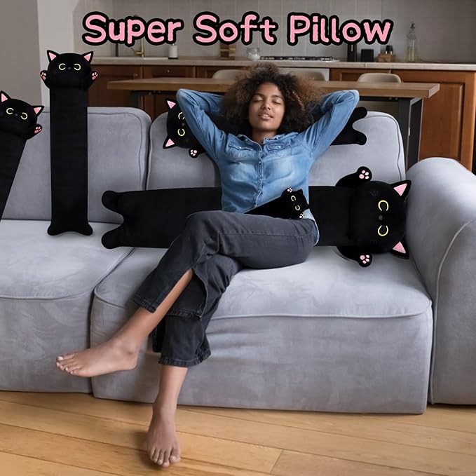 Long Cat Plush Long Cat Body Pillow, 33" Cute Black Cat Stuffed Animals Cat Plushie, Soft Cartoon Cat Plush Pillow Kawaii Stuffed Cat Toys for Kids Girls Boys,Gifts for Birthday Halloween