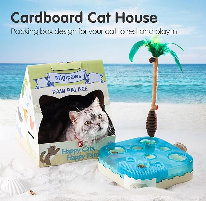 Migipaws Cat Toy,7-in-1 Automatic Interactive Kitten Toys Pack,Rolling Ball,Cat Feather Wand,Catnip Ball,Cat Self Grommer,Cardboard Cat House,Rechargeable,Paw Palace for Indoor Cats