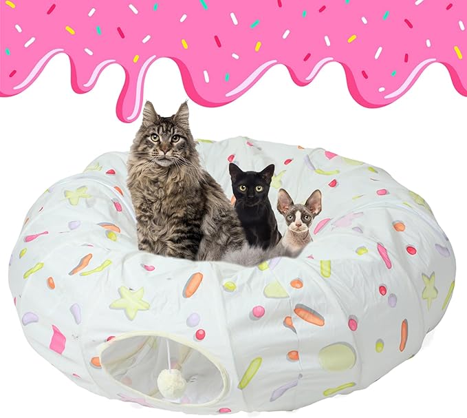 LUCKITTY Large Cat Donut Tunnel, Big Cat Tunnel Bed,Fluffy Toy Balls, Small Cushion and Flexible Design- 12 inch Diameter, Great for Cats, and Small Dogs,Cream