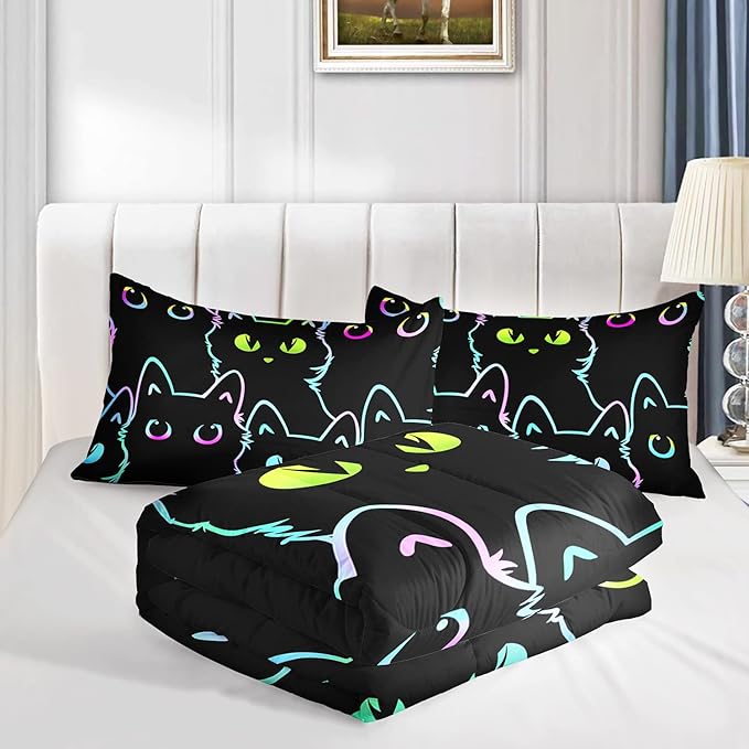 Axolotl Kids Bedding Cartoon Cat Comforter Set, Full Size, Gradient Line Cute Cat Bedding Set for Teens, Kids, Boys, Girls, Adults Room Decor, All Season, 1 Comforter 2 Pillow Cases, Black