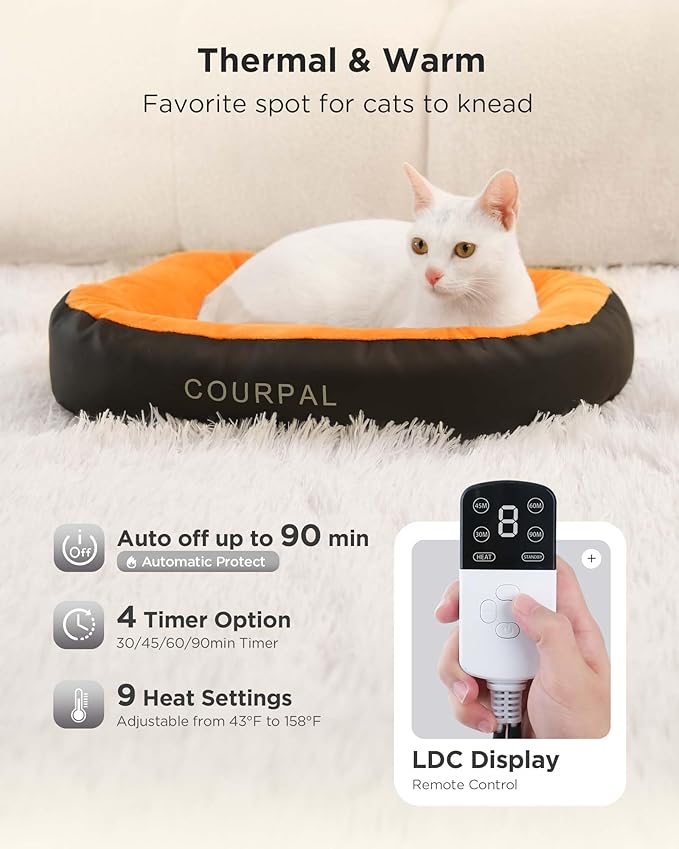 Heated Pet Bed for Indoor Cats - Self Warming Heating Dog Bed with Fur Fluffy Plush - Orthopedic Small Animal Bed with Memory Foam Side for Cat Puppy Rabbit - 4 Timing | 9 Temp | 19"x15"