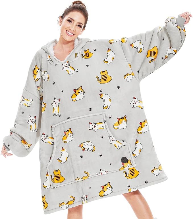 THREE POODLE Wearable Blanket Hoodie for Women, Oversized Sherpa Sweatshirt Blanket for Adults Men, Warm Cozy Cat Hooded Blanket, Gifts for Mom Girlfriend Sister