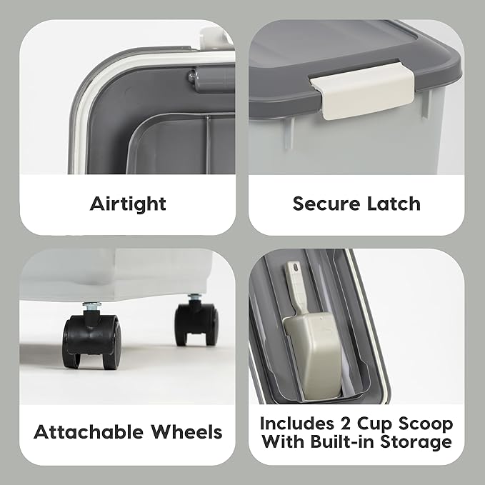 IRIS USA Dog Food Storage Container with Wheels, Airtight Lid, 2-Cup Scoop, Up to 54 Pounds Pet Food Storage, Built in Scoop Storage in Lid, Versatile Pet Food Bin, Portable, BPA Free, Gray/Dark Gray