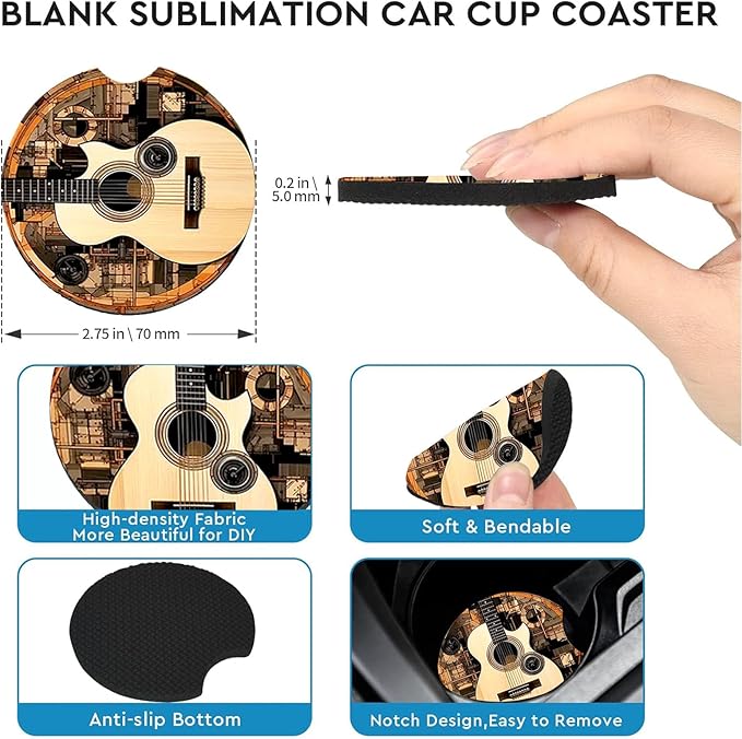 Car Coasters for Cup Holders,2 Pack Guitar Car Coasters,2.75" Universal Size Anti Slip Rubber Mat,Automotive Cup Holder Decal Decor Accessories,Guitar Gifts for Women,Men,Mom