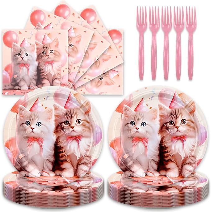 48Pcs Pink Cat Happy Birthday Party Decorations Kitten Cat Birthday Baby Shower Forks Plates and Napkins Set Party Decorations for Women Party Supplies Serve 16