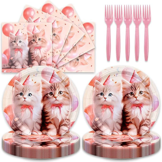 48Pcs Pink Cat Happy Birthday Party Decorations Kitten Cat Birthday Baby Shower Forks Plates and Napkins Set Party Decorations for Women Party Supplies Serve 16