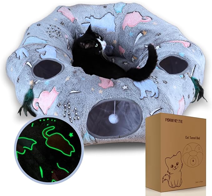 Cat Tunnel Bed,Cat Tunnel Bed with Soft Central Cat Couch,Cat Toys for Indoor Cats,Collapsible Peekaboo Cat Cave,Cat Donut Tunnel and Kitty Toy Set（Luminous，Donut）