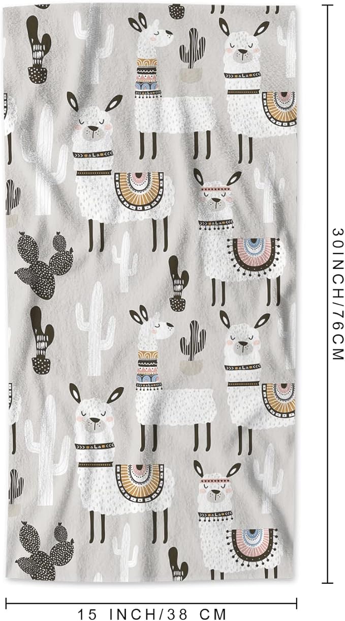 AOYEGO Llama Bath Towel Summer Succulent Cactus Alpaca Animal Cartoon Cute Boho Design Polka Dots Beach Bath Towels Soft Microfiber Yoga/Golf/Swim/Hair/Face Towels 15x30 Inch