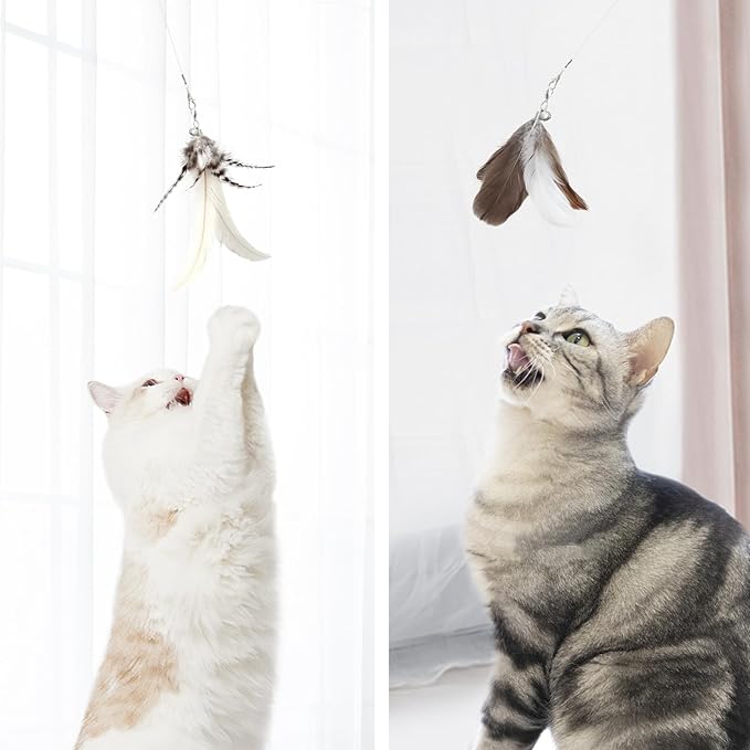 SONGWAY Cat Feather Toys Wand - 7 Pcs Interactive Cat Toys for Indoor Cat Kitten, Retractable Cat Wand Toy with 6 Natural Feather Refills with Bell, Cat Fishing Pole Toy