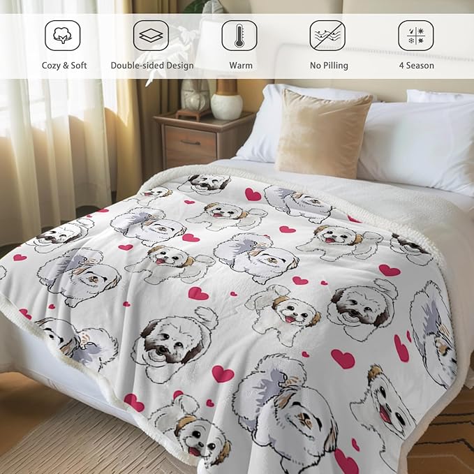 BlessLiving Shih Tzu Sherpa Throw Blanket - Super Soft Fuzzy Cozy Warm Red Hearts Dog Blanket Thick Plush Fluffy Blankets for Teen Girls Women Couch Bed Sofa Chair Men Boys Gift (Throw, 50x60 Inches)