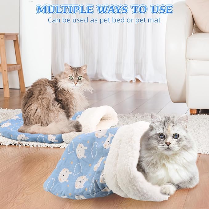 Cat Sleeping Bag for Indoor Cats, Cat Sleeping Bag for Indoor Cats Large Adult, Cat Sleeping Bag Large, Cozy Cat Winter Cat Sleeping Bag, 360° Warm Semi Enclosed Soft Plush Large Cat Sack Cute (Blue)