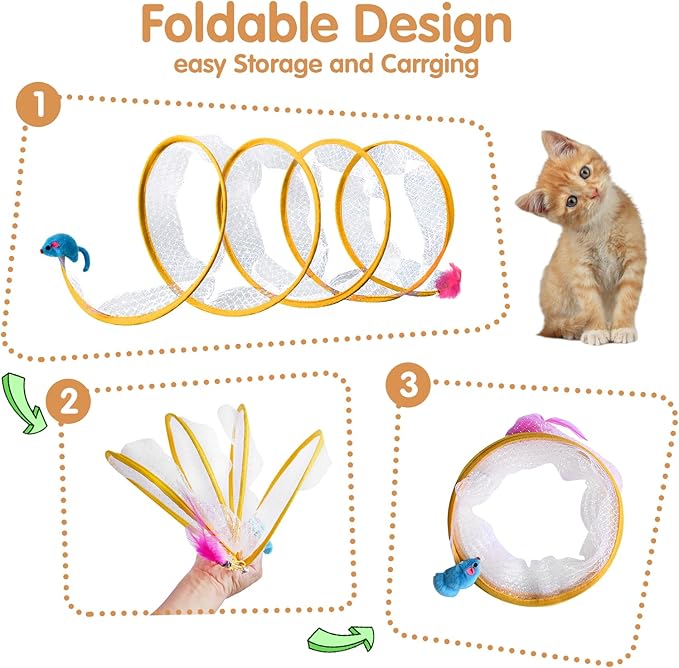 Abnaok Folded Tunnel Cat Toys, Interactive Indoor Cat Tunnels, Safe and Durable, Portable and Foldable, S-typed Spring Design