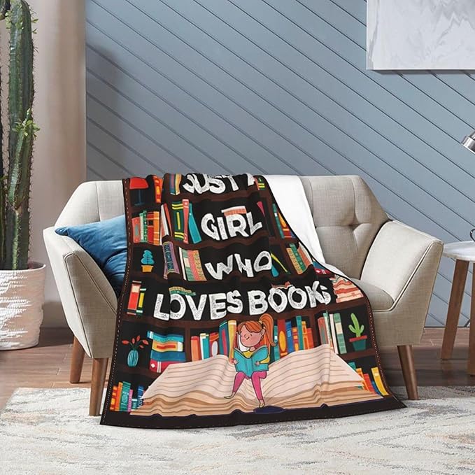 Books Blanket Reading Throw Blanket Just A Girls Who Loves Books Decor Stuff Merch Cozy Print Flannel Fleece Soft Plush Fuzzy Warm Lightweight Bedding Read Books Gifts for Women Kids 50"X40"