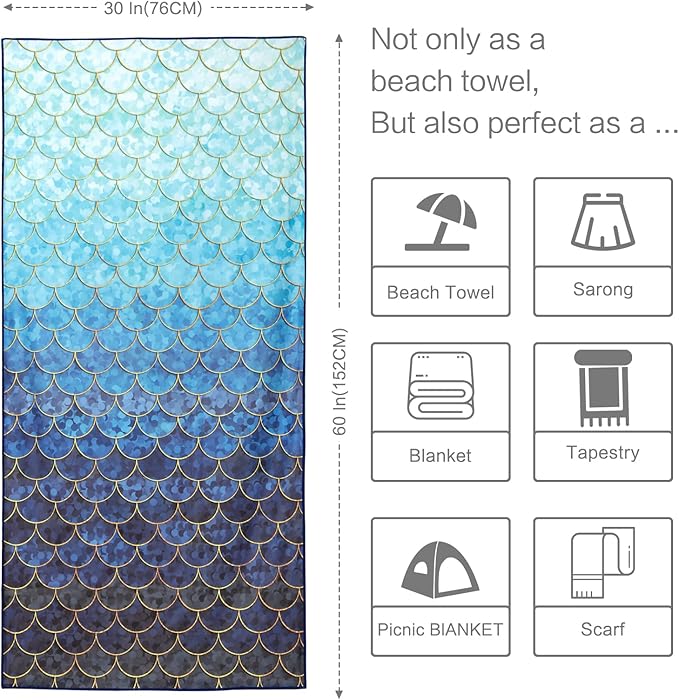 Ombre Blue Beach Towel, Mermaid Beach Tower Cotton Blend Soft Velour Beach Towel Absorbent Bath Towel for Kids Boys Girls Teens Men Women Camping Towel,Gym,Hiking, Pool, Bath, Yoga,Travel Vacation