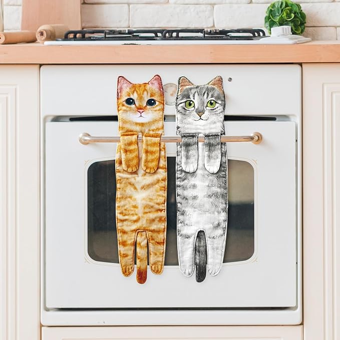 Cat Hand Towels for Kitchen Bathroom - Cute Cat Decor Gadgets - Hanging Soft Absorbent Hand Face Towel - Funny Birthday Mothers Day Housewarming Holiday Unique Gifts for Women Mom Lady Cat Lovers