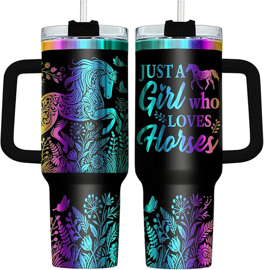 34HD Laser Engraved Horse Tumbler with Handle & Straw, 40oz Stainless Steel Double Wall Vacuum Insulated Cowgirl Travel Mug, Horse Lover Gifts for Girl Women Cowgirl Daughter