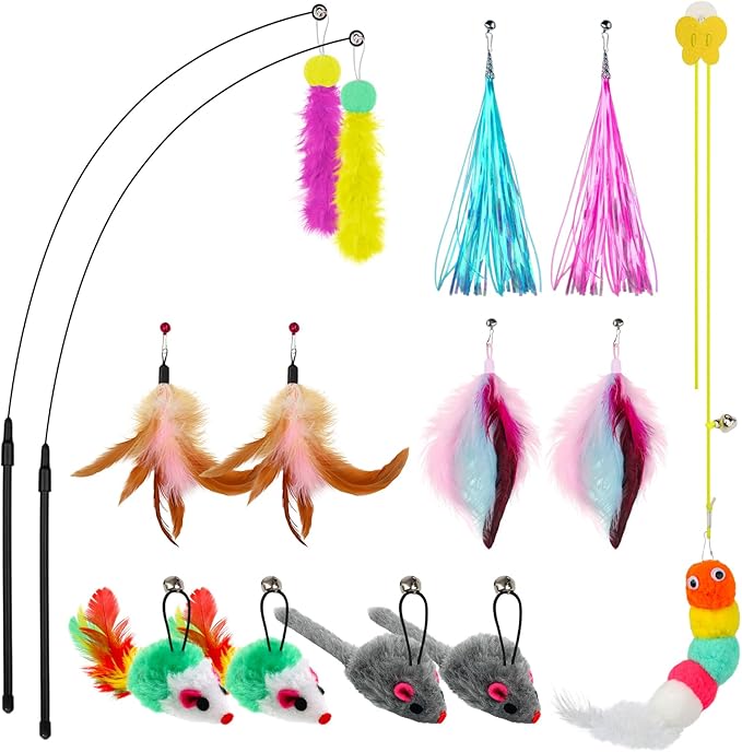 Interactive Cat Feather Toys Cat Teaser Wand Set and Hanging Cat Door Toys with 13pcs Cat Feather Replacement Toys Mice, Cat Toys Kitten Toys for Indoor