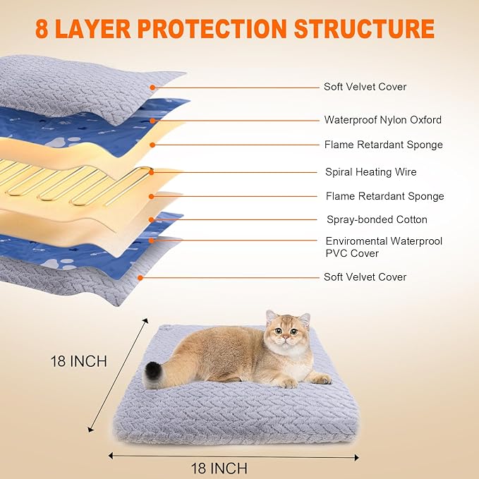 ENJOY PET Pet Heating Pad, Heated Cat Bed Indoor Heated Dog Bed with Chew Resistant Steel Cord, 12 Level Timer and Temperature Cat Heating Pad, Heated Pet Bed Electric Heating pad for Puppy Cats Dogs