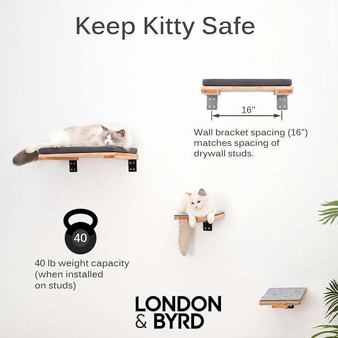 LONDON & BYRD | Wooden Cat Wall Shelves | for 16" Drywall Studs | One Large cat Shelf with Washable Bed, and Two Smaller cat perches. Solid Wood with Metal Wall Brackets.