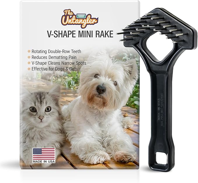 Mini-Rake V-Shape Double Row Rotating Teeth Demats and Grooms Dogs and Cats