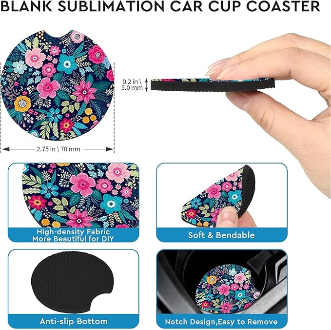 Car Coasters for Cup Holders,2 Pack Floral Car Coasters,2.75" Universal Size Anti Slip Rubber Mat,Automotive Cup Holder Decal Decor Accessories,Rubber Car Cup Mat for Women,Men,Mom