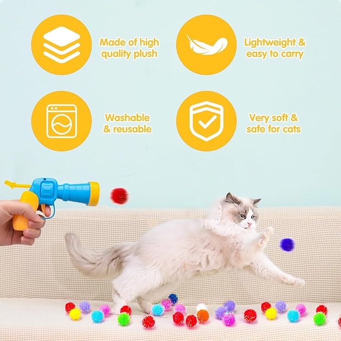 BooTaa Pet Toys, Interactive Cat Toy Set, 80pcs Glitter Pom-Poms Cat Ball Toy with 1 Launcher, Safe Soft Cat Toy Balls for Fetch, Training, Playing