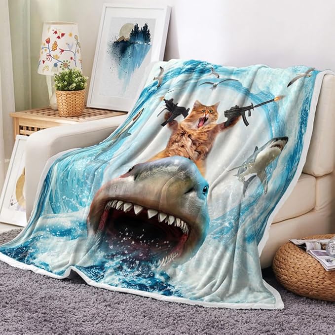 Funny Kids' Ocean-Themed Throw Blanket - Adorable Cool Cat Riding a Shark on Blue Ocean Fleece, Ultra Soft and Lightweight, Perfect for Couch, Bed, or Car, Cozy Decorative Blanket for Boys and Girls
